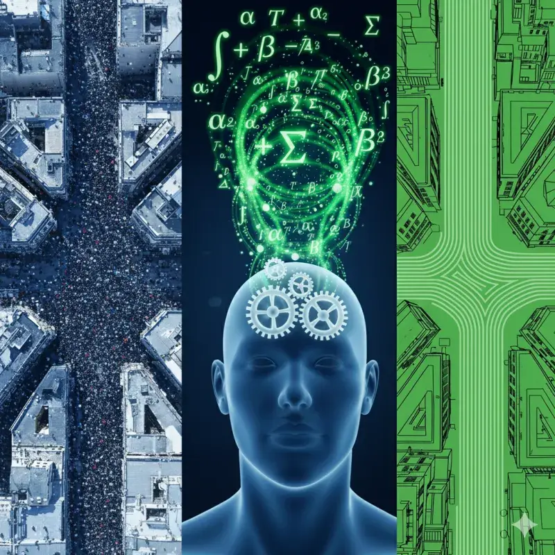 Image split into three. First with an aerial shot of buildings and crowded streets with people, second a drawing of a head in blue with forumulas drawn above their head in green, and thirdly a drawn aerial image of buildings in green with white lines drawn where the roads would be..