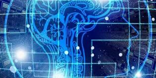 Machine learning AI computer graphic with blue line face and network representation