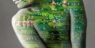 graphical illustration of a human body from neck to waist, wrapped in a computer chip design