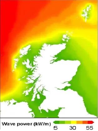 Scotland Waver Power map, showing that the greatest power of waves is in the far north west coastal waters