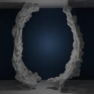 Molecular Dynamics model, showing atoms around the interface of a droplet, and a mesh depicting the droplet surface.