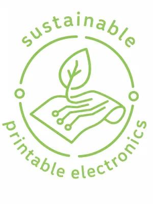 Sustainable Printable Electronics Research Group, green text circled around an image of a leaf on paper like circuit board