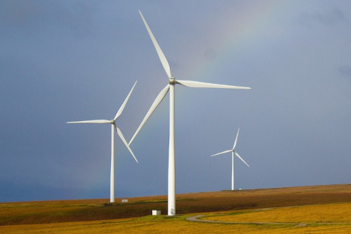 Wind turbine array in green fields with blue sky