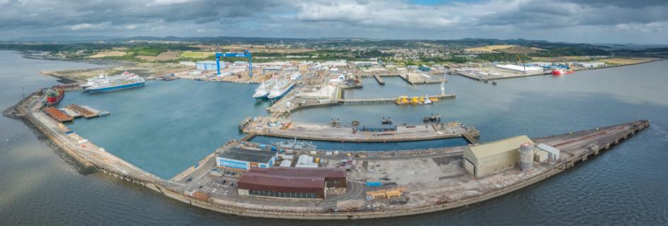 Aerial panoramic view of Rosyth taken from above the Firth of Forth