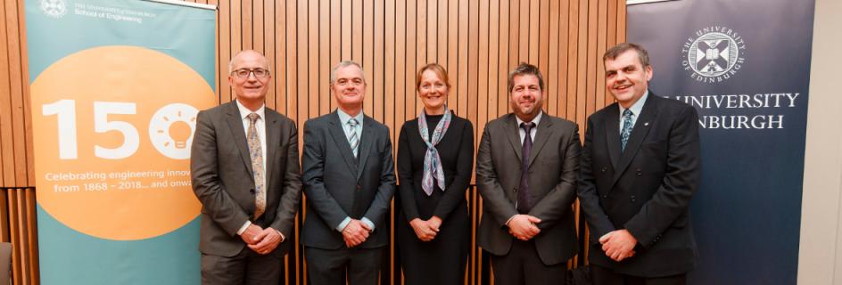Dr Sotirios Tsaftaris (second from right) with (R-L) Ken Sutherland, President of Canon Medical, Naomi Climer, Vice President of the Royal Academy of Engineering, Conchúr Ó Brádaigh, Head of the School of Engineering, and Charlie Jeffery, Professor of Politics and Senior Vice-Principal of the University