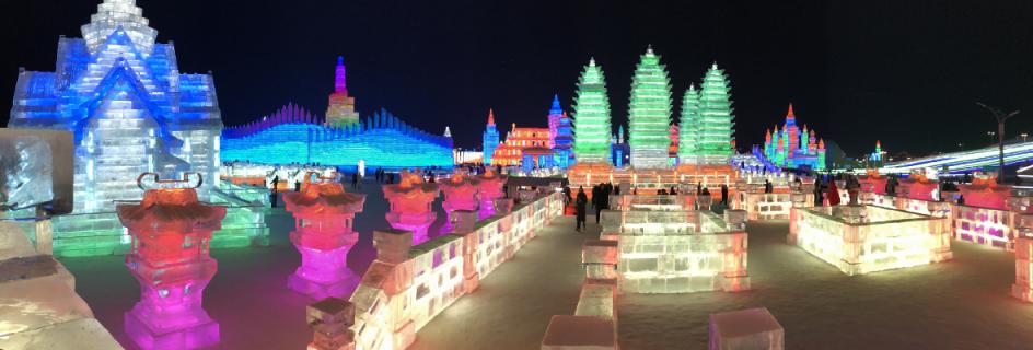 Wide shot of Harbin International Ice and Snow Sculpture Festival