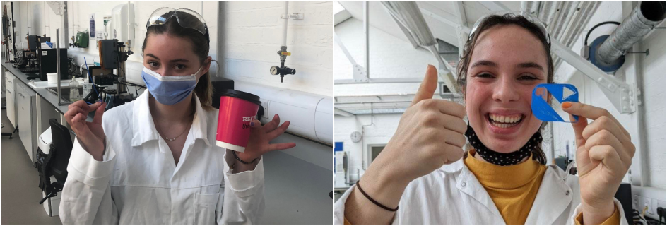 Anne-Marie Thulstrup and Iris Picquart working on recycling plastic coffee cups into useful items in the lab