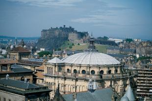 The City of Edinburgh, seen from the air above McEwan's Hall, with Castle in the background