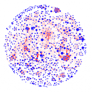 data mining of CAD databases with data presented in a circular graph with blue dots of various sizes connected with red lines of various thickness
