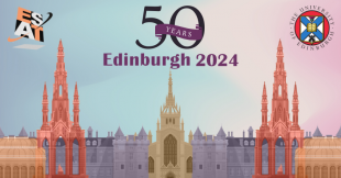 ESAT2024 flyer design with graphical illustration of church spire Edinburgh skyline, ESAT logo and University of Edinburgh crest