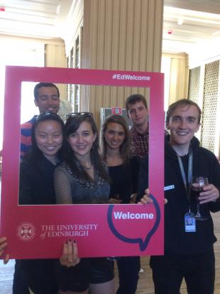 Staff and students pose for group photos with #EdWelcome week selfie frames