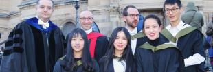 Advanced Chemical Engineering MSc Graduates on steps in front of McEwan Hall with programme directors
