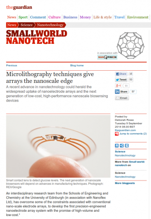 Screenshot of the Guardian Blog SMALLWORLD NANOSCALE with article covering School of Engineering research