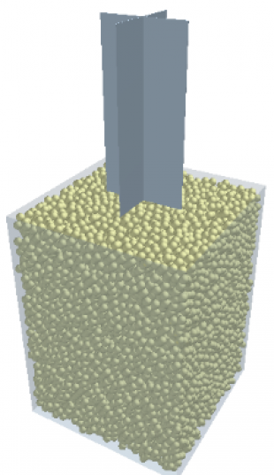 The shear vane test model built with the DEM software EDEM. [Note: the grey colour represents the vane and consists of two perpendicular blades and the rigid solid particles were generated in ﬁxed boundary];