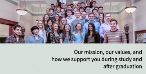 Chemical engineering staff and students on the steps of large staircase within the Sanderson Building, with words - Our mission, our values; how we support you during study and after graduation